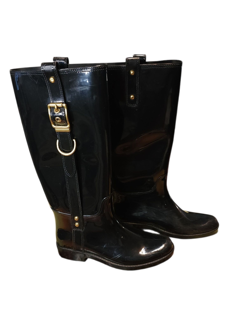 Coach Vintage Black Patent Rubber Tall Rain Boots Brass Buckle Equestrian Sz 8